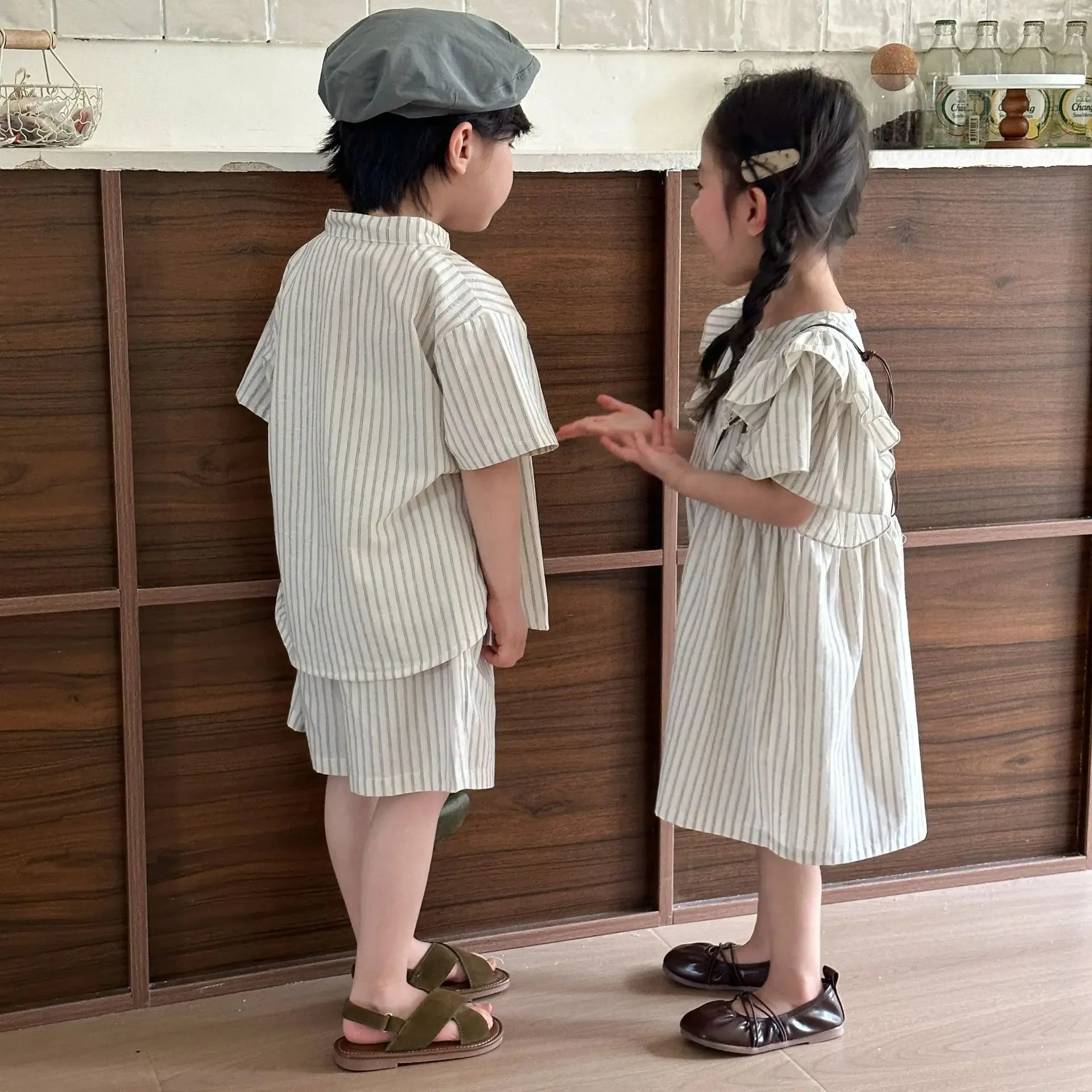 22004 Brother Sister Clothes Summer New Short Sleeve Stripes Baby Boy's Suit Or Cotton Girl Dress