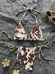 Women Bikini Set 2026 Summer Brown White Cow Print Halter Triangle Tie Side String Sexy Swimwear Female Beach Vacation Bathing S