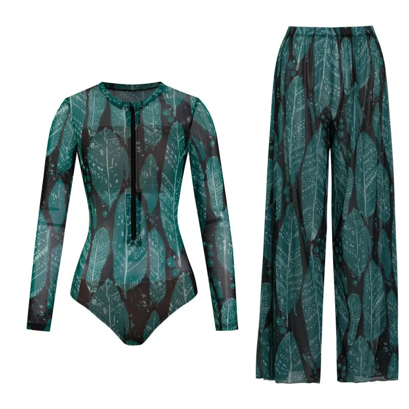 Women's Long Sleeve Swimwear Sunscreen One Piece Swimsuit High Elastic Thickened Mesh Loose Pants SPF35+ New Fitness Beachwear