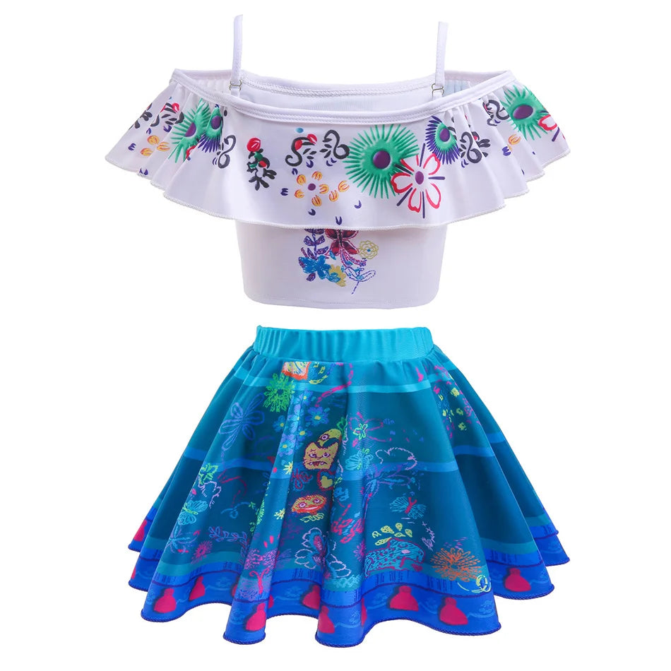 Encanto Cosplay Mirabel Isabela 2Pcs Tops Skirt Set Girls Dolores Luisa Pepa Bikini Swimwear Children Print Beachwear Costumes