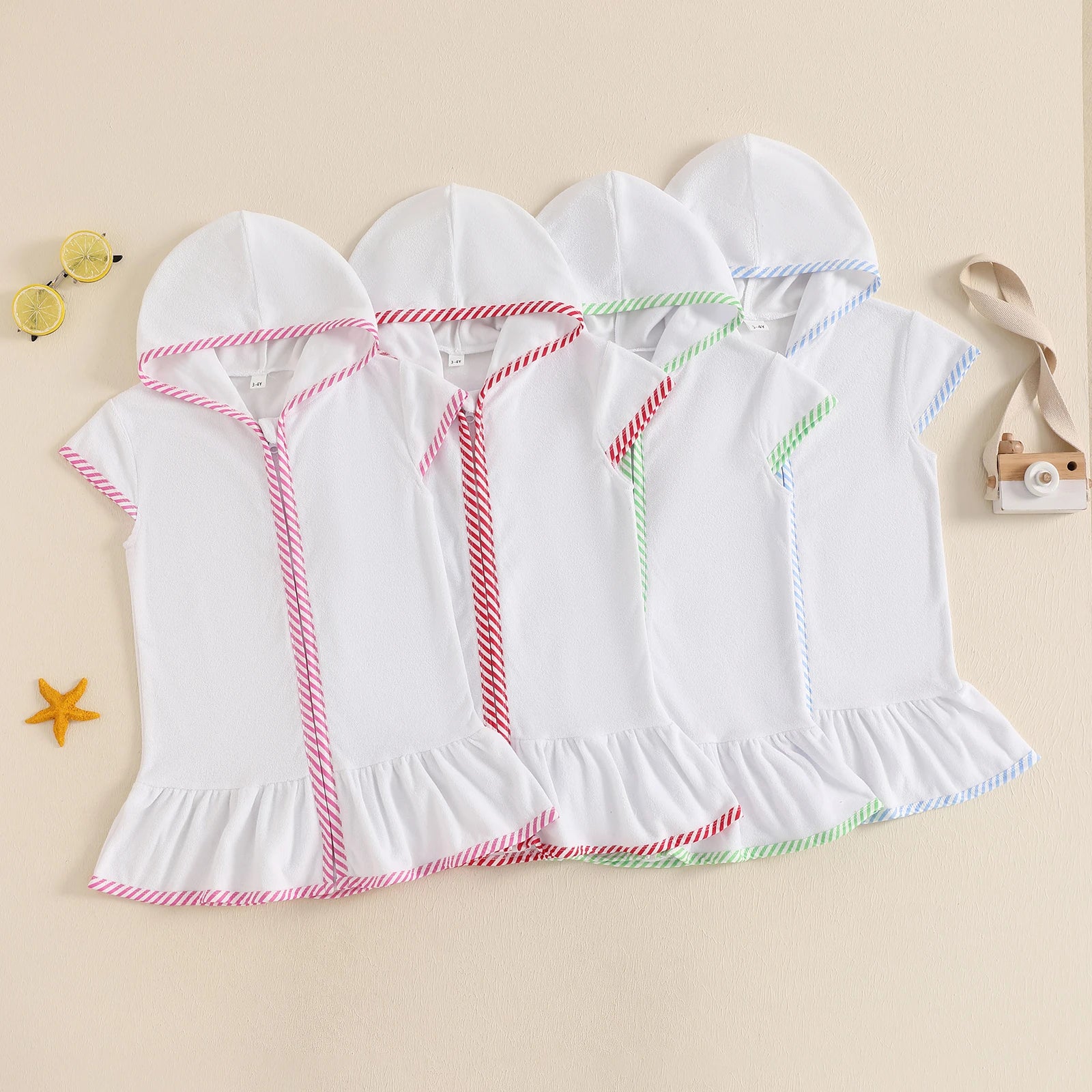 Toddler Girl Hooded Beach Coverup Summer Infant Stripe Print Zipper Bathrobe Children Short Sleeve Summer Swimwear Cover-up