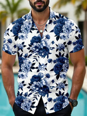 Men Casual Floral Print Short Sleeve Shirt Hawaiian Style Slim Fit For Summer Outdoor