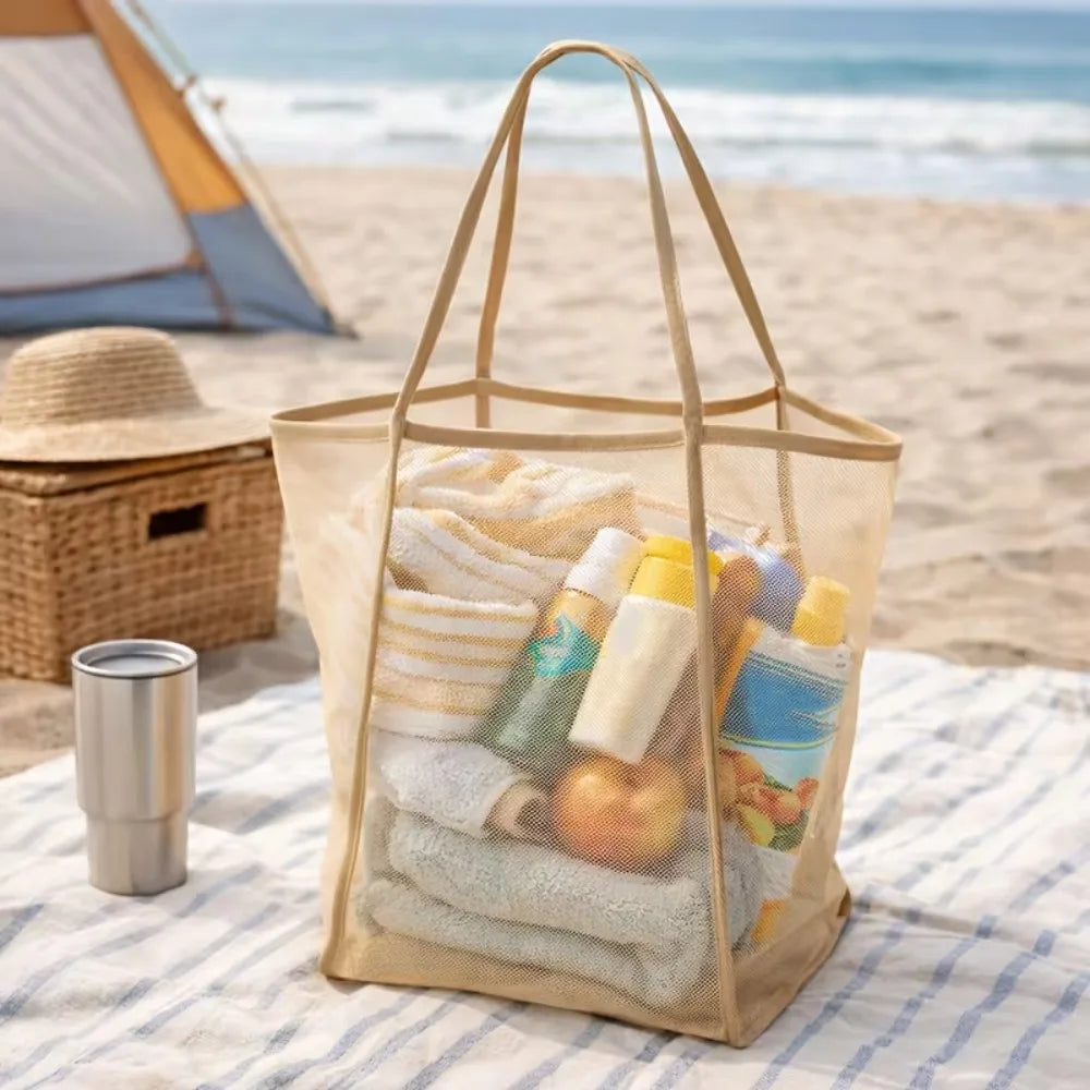 Mesh Tote Bag for Beach Swimming Storage Organizer Summer Foldable Beach Bag Toy Storage Clothes Organizer Bathroom Packaging
