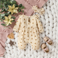 Baby Girls Summer Long Sleeve Printing Love With Bowknot  For Casual Daily Cotton Jumpsuit