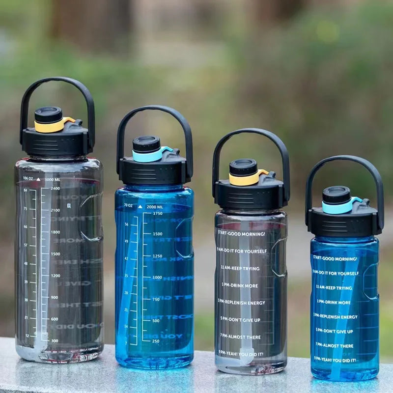 LUSQI 1.5L/2L/3L Sports Water Bottle Large Capacity Plastic Cup Leak-proof With Straw And Time Marker For Home Outdoor Sports
