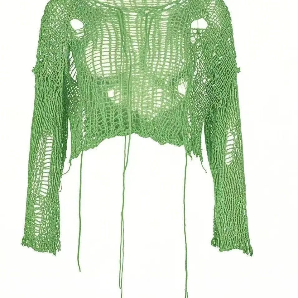 Y2k Cropped Hole Sweater Sexy Gyaru Hollow Out Knit Pullovers Goth Korean Long Sleeve Jumper Summer Fashion Sheer Knitwears Tops
