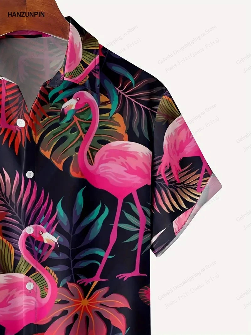 Summer Men's Vocation Lapel Camisa Oversized Hawaiian Shirts Flamingo 3d Print Fashion Men Women Beach Short Sleeve Blouse Boy