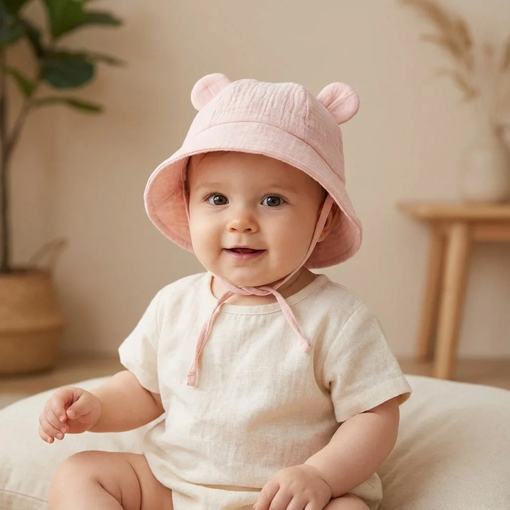 INS Summer Baby Solid Color Gauze Basin Hat New Rabbit Ear Fisherman Hat for Kids Sun Hat