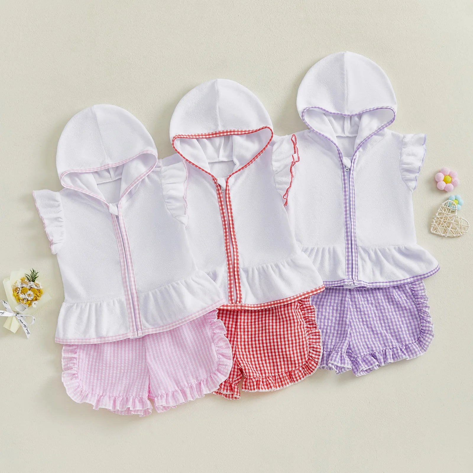 MISOWMNJOY Children Girls Beach Clothes Set Cute Flying Sleeve Zipper Hood Tops with Ruffled Plaid Shorts Summer Toddler Outfits