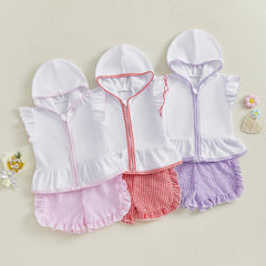 MISOWMNJOY Children Girls Beach Clothes Set Cute Flying Sleeve Zipper Hood Tops with Ruffled Plaid Shorts Summer Toddler Outfits