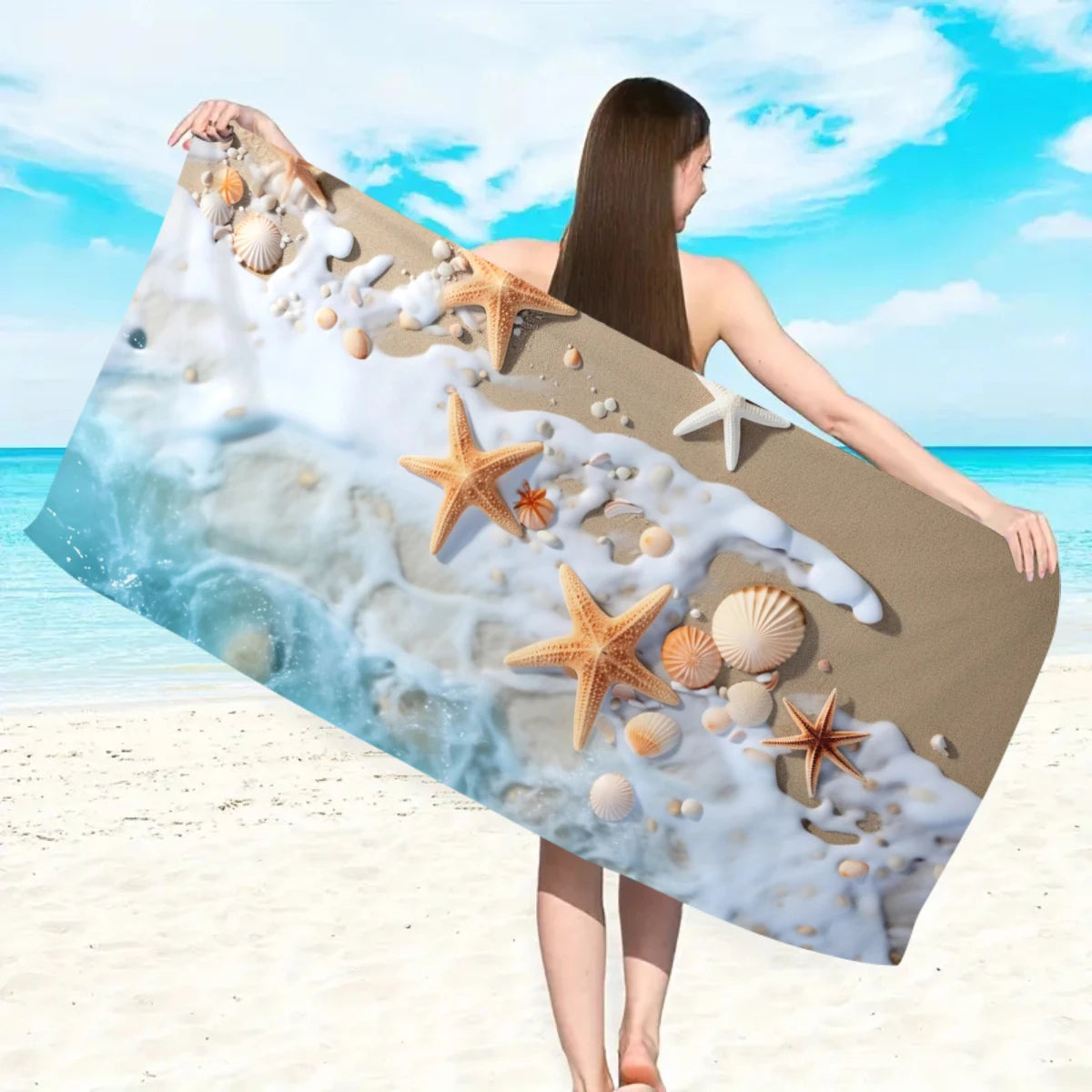 1pc Ocean element beach towel, suitable for outdoor sports, swimming, and fitness center multifunctional beach towel