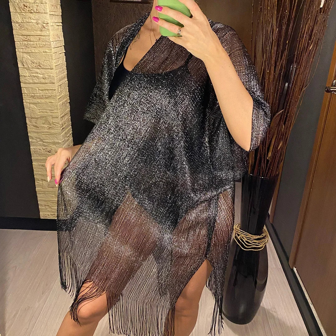 Sexy Fringe Tassel Sheer Knitted Beach Cover Up Dress Shiny Mesh Tunic for Women Swimwear Mesh Cover Lightweight Beach Dress