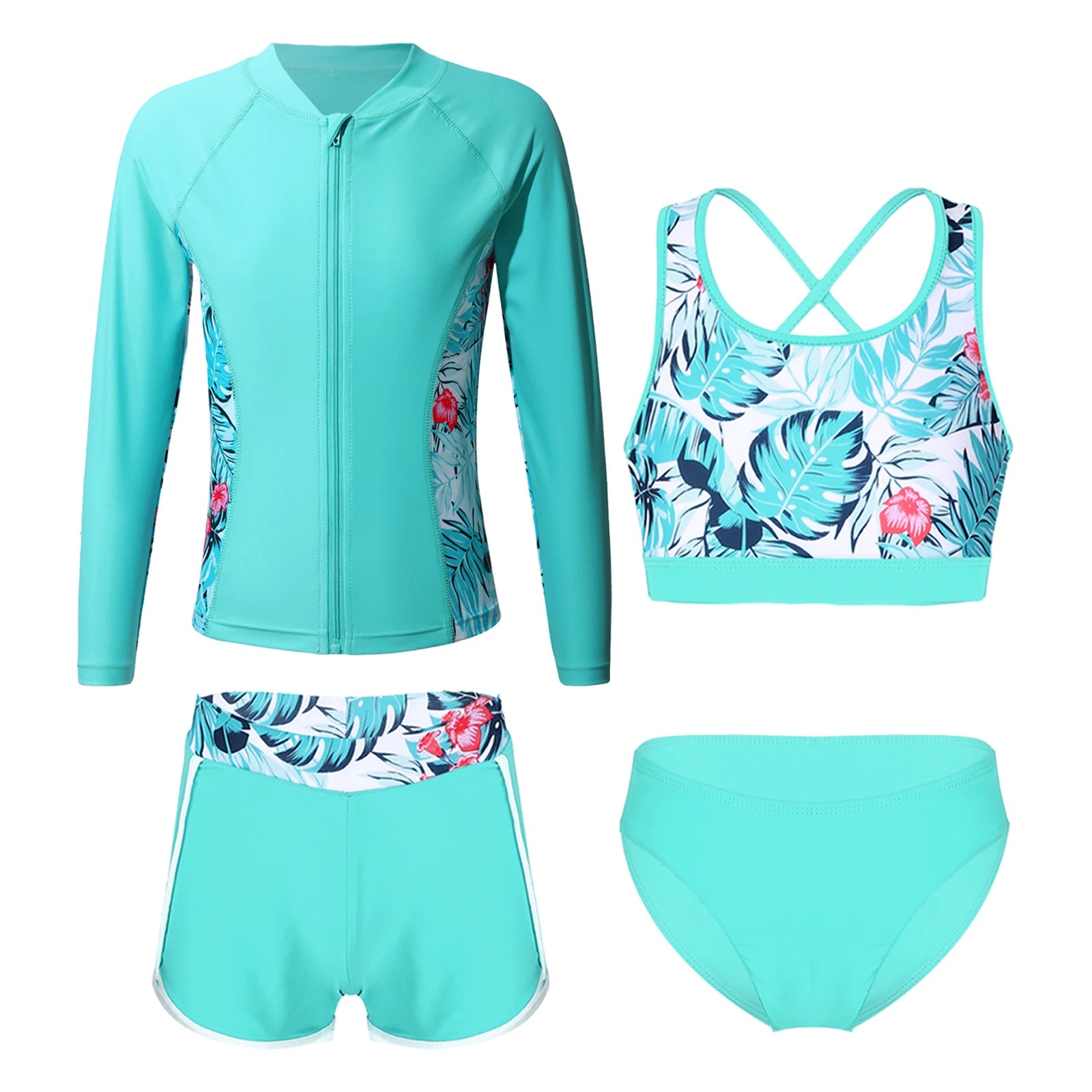 Kids Girls 4PCS Printed Swimsuit Long Sleeve Outerwear with Sleeveless Crop Top Briefs Shorts Bathing Suit Rash Guard Swimwear