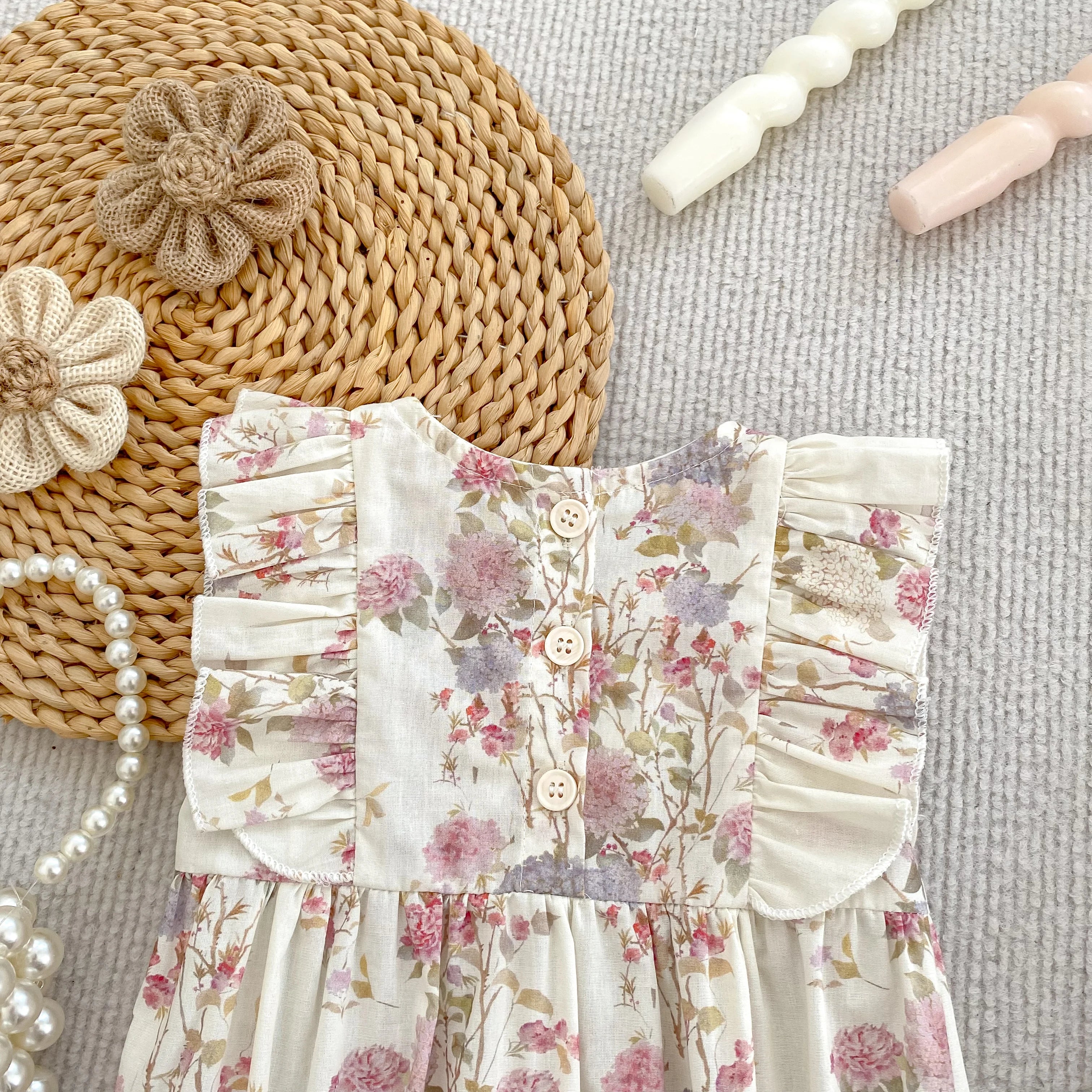Girls Pink Floral Dress Ruffle Baby Romper Dress Summer Kids Short Sleeve Beach Dresses Toddler Bodysuit Sister Family Clothes