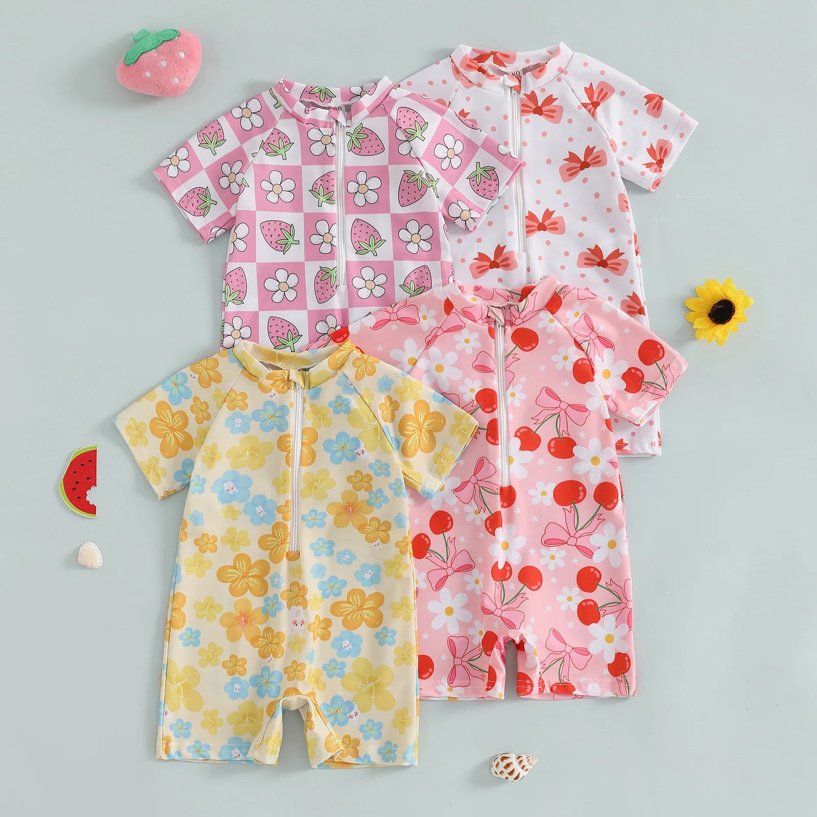 Summer Toddler Baby Girl Short Sleeve Swimwear Bathing Suit Infant Rash Guard Swimsuit Kids Cherry/Bow Print Zipper Beachwear