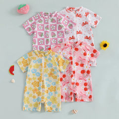 Summer Toddler Baby Girl Short Sleeve Swimwear Bathing Suit Infant Rash Guard Swimsuit Kids Cherry/Bow Print Zipper Beachwear