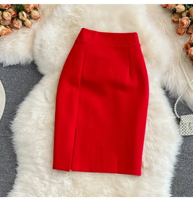 High Waist Midi Skirt Women's OL Profional Slimming Side Slit Wrap A-Line One Step Skirt Autumn Korean Sle Commute