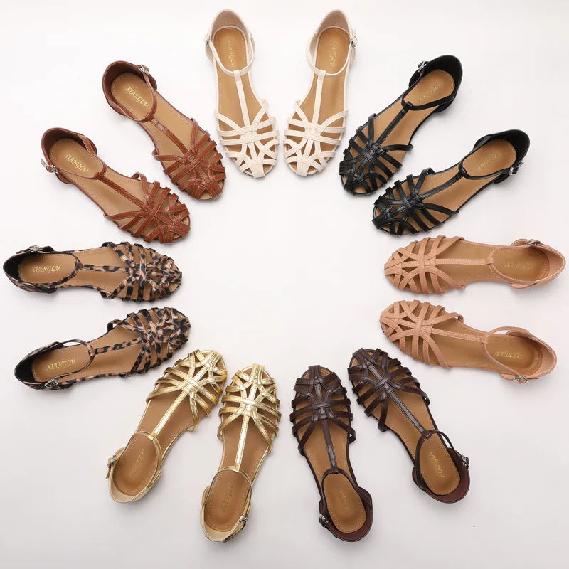 ZAROY Women's Sandals Summer Casual Footwear T-tied Cross Strap Flat Sandals Weave Hollow Roman Sandalia Zapatos сандали