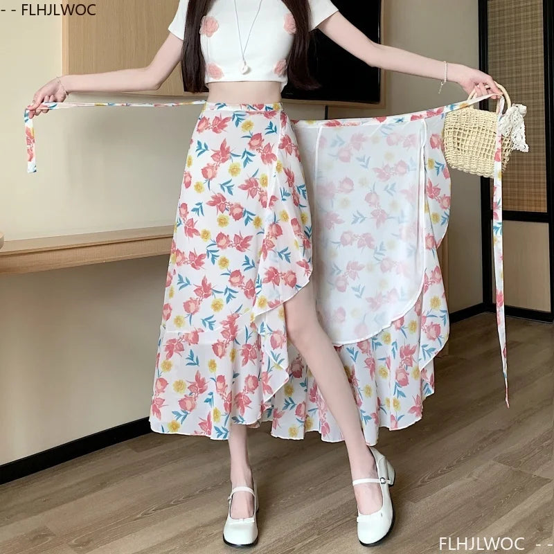 Wrap Up Chic Korea Clothes Women Cute Girls Floral Robe Holiday Beach Date High Waist Retro Vintage One-Piece Lace-Up Skirts
