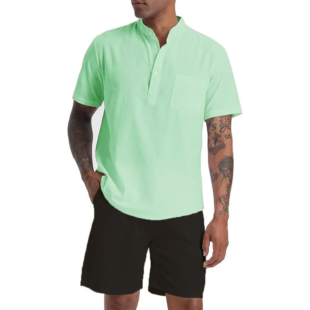 Men's Cotton Linen Set Henley Shirts Shorts Outfits 2 Pieces Beach Clothes Vacation Matching Suit Summer Wear Shirt Sleeve