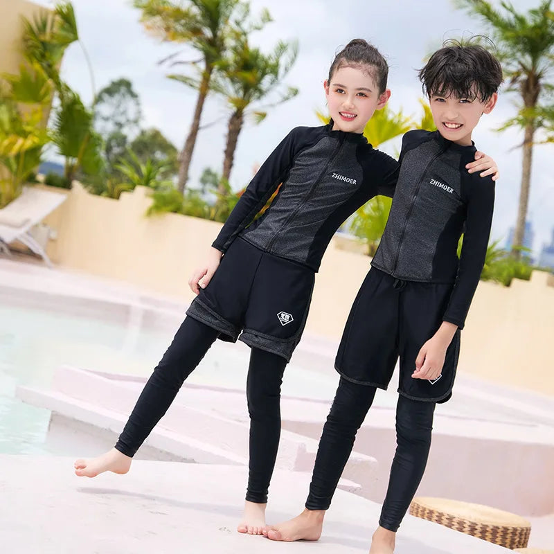 Girls Youth Long Sleeve Swimsuit Four Piece Rash Guard Bathing Suit Zip Tops Long Pants Swimwear Kids Bathing Suit Athletic
