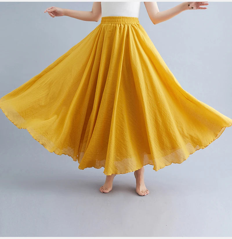 Boho Cotton Linen Beach Long Skirt Women Vintage Casual Solid A-line High Waist Dance Floor-Length Maxi Skirt Spring Summer New