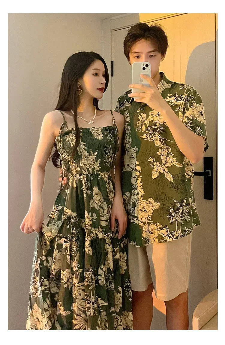 Holiday Family Matching Beach Clothes Couple Vacation Look Mom  Dress Resort Dad Son Print Shirts Outfits Daughter Smock Green