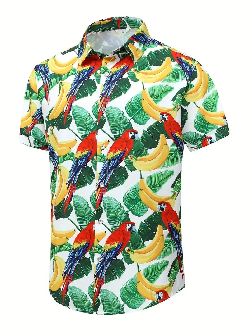 Men's Vibrant Parrot Tropical Floral Print Hawaii Shirts Casual Short Sleeve Button Up Beach Shirt for Men Summer Vacations