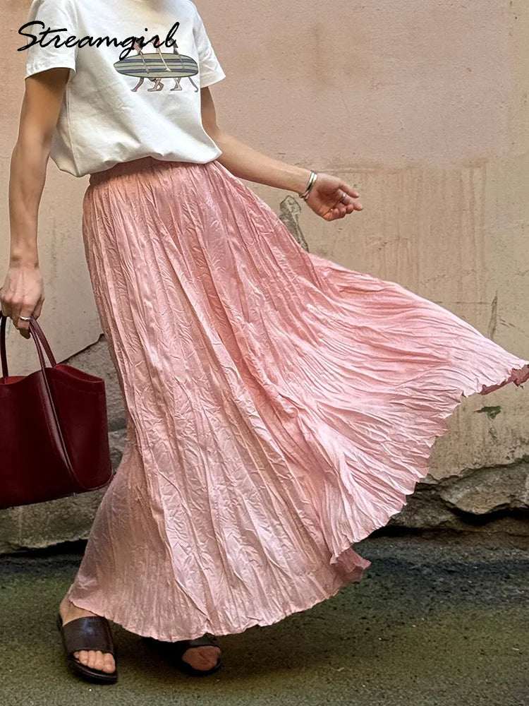 Streamgirl Women Summer Skirts Long Pleated A Line Elegant Solid Big Swing Maxi Skirt Ladies Blue White Beach Skirt Women Luxury