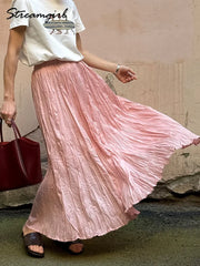 Streamgirl Women Summer Skirts Long Pleated A Line Elegant Solid Big Swing Maxi Skirt Ladies Blue White Beach Skirt Women Luxury