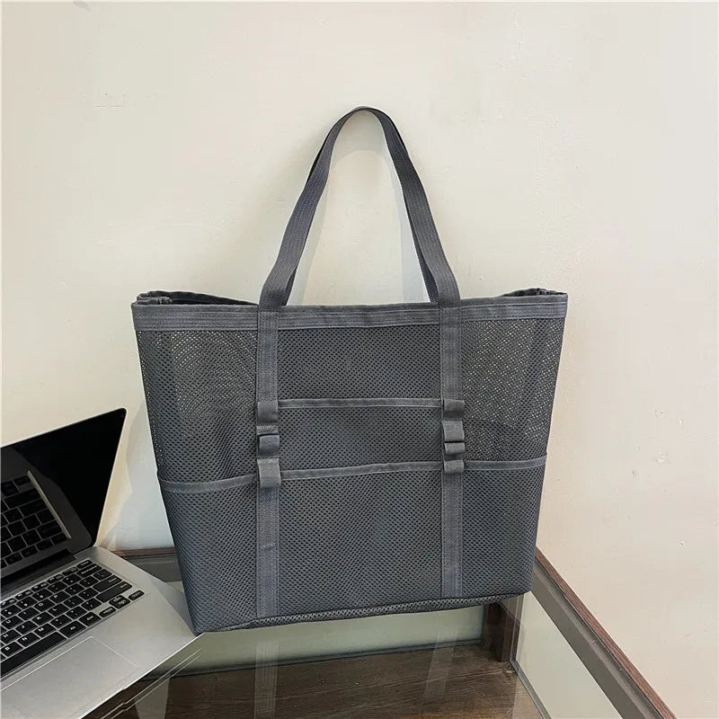 Large Capacity Canvas Beach bag Versatile Commuting Shopping Shoulder bag Lightweight Semi Transparent Mesh Hollow bag