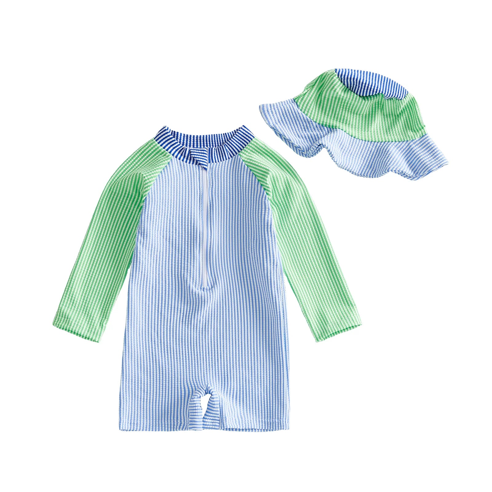 0-24M Newborn Baby Boy Rash Guard Swimsuits Contrast Color Stripes Print Long Sleeve Zip Up Bathing Suit with Sun Cap