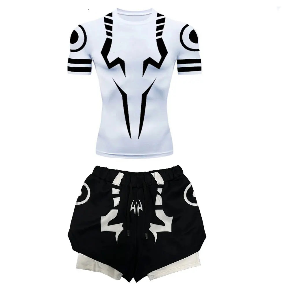 Anime Jujutsu Kaisen Compression Set Fitness Suit for Men Quick Dry 3D Compression Shirt+Gym Shorts Running Workout Sportswear