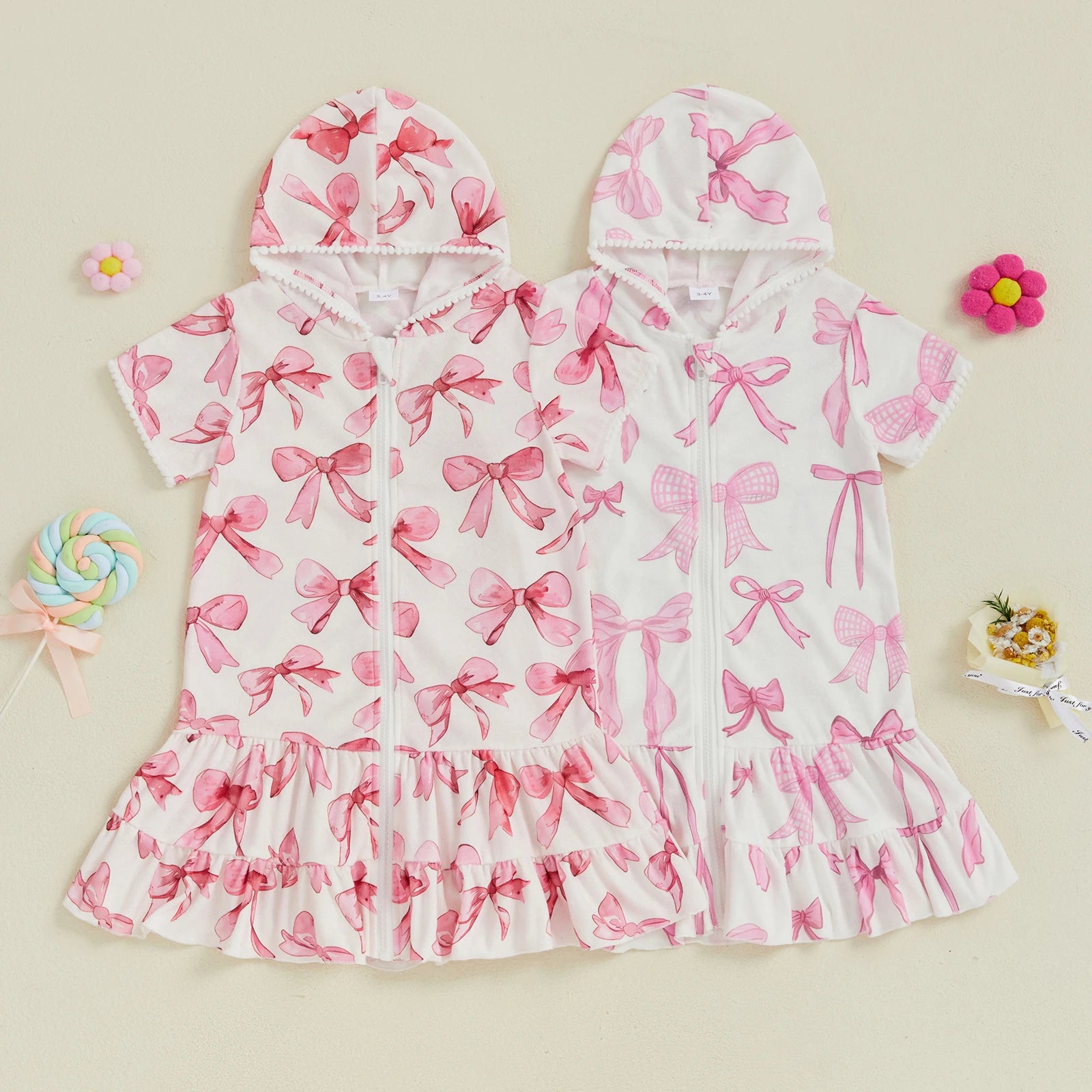 Children Baby Girls Swim Coverups Summer Beachwear Bow Print Short Sleeve  Hooded Bathrobe Absorbent Dress Zip-Up Robe Towel