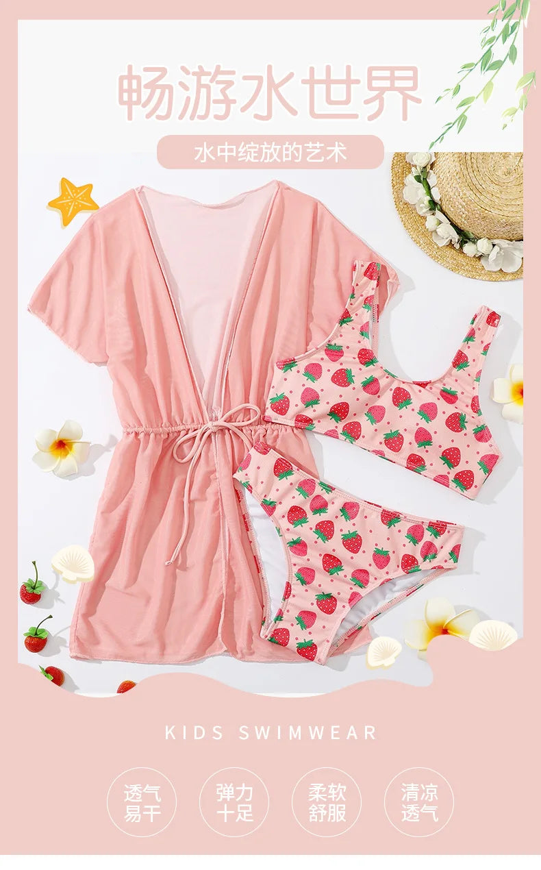 Girls Swimsuit 3 Pieces Swimwear for Kids Summer 2026 Children Bathsuits Beach Cover-Ups Bikini Sets Teenager Clothing