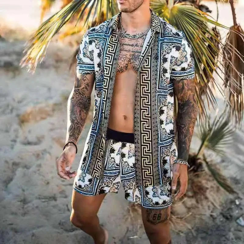 Men Hawaiian 2Pcs Sets Summer 3D Printing Short Sleeve Shirt Beach Button Shorts Streetwear Shirt Holiday Men's Two Piece Suit