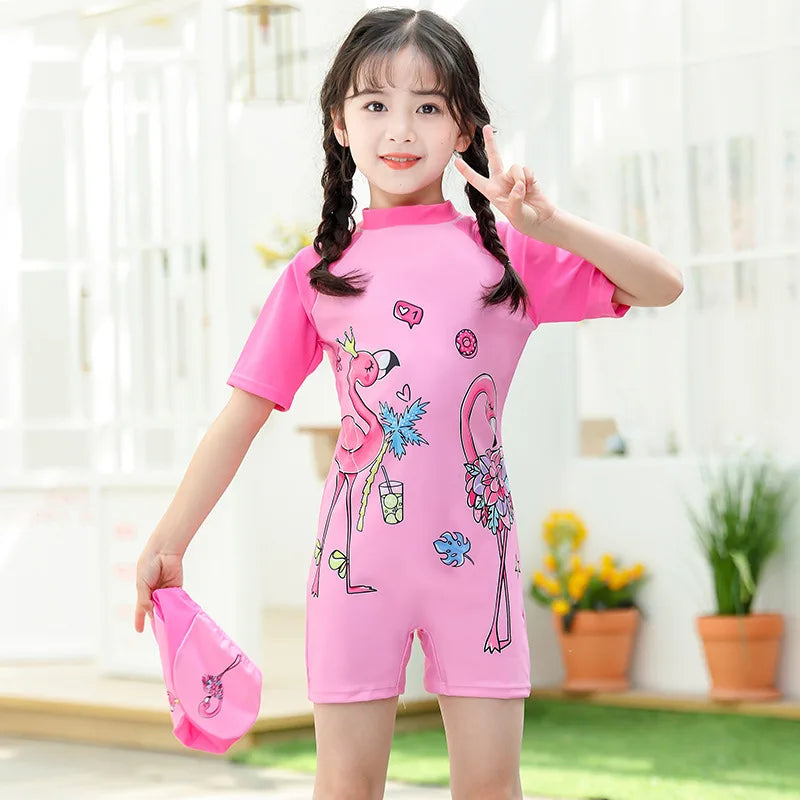 Girls Swimsuits One-Piece Bathing Suits with Hat Summer Beach Water Sport Short Swimsuit with Cartoon Pattern for 2-13 Years Old