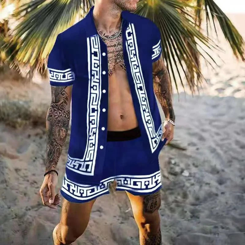 Men Hawaiian 2Pcs Sets Summer 3D Printing Short Sleeve Shirt Beach Button Shorts Streetwear Shirt Holiday Men's Two Piece Suit