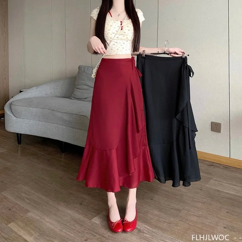 Wrap Up Chic Korea Clothes Women Cute Girls Floral Robe Holiday Beach Date High Waist Retro Vintage One-Piece Lace-Up Skirts