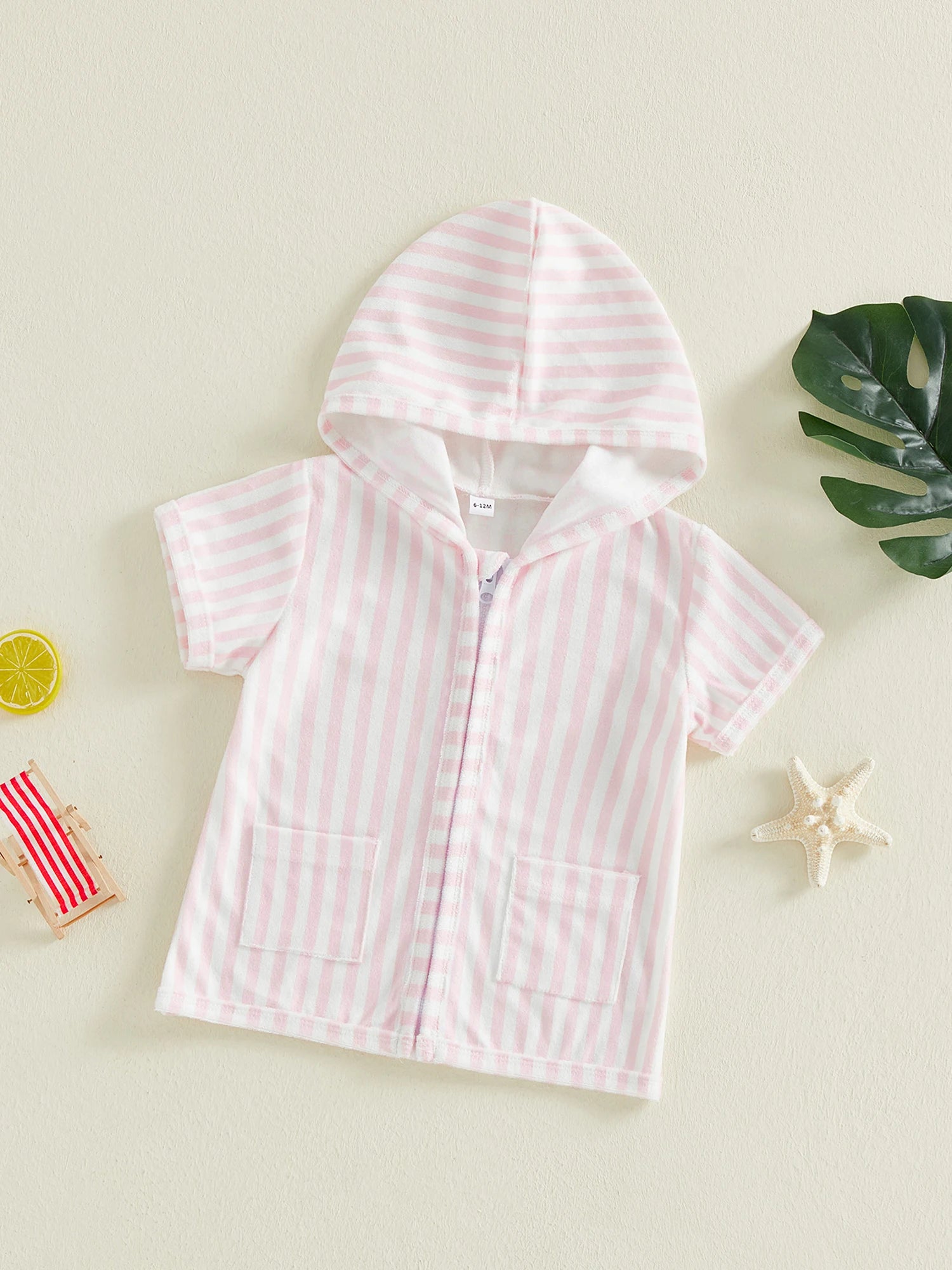 0-5Y Girls Swimwear Cover-ups Short Sleeve Zip Up Hooded Striped Bathing Suit Cover Up for Kids Pool Beach Robe 2026 New
