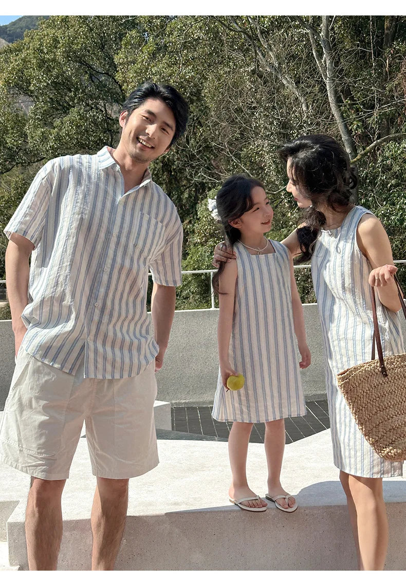 Korea Style Family Matching Outfit Striped Print Short Sleeve T-shirt+Shorts Tank Dress Parent-child Clothing Beach Holiday Look