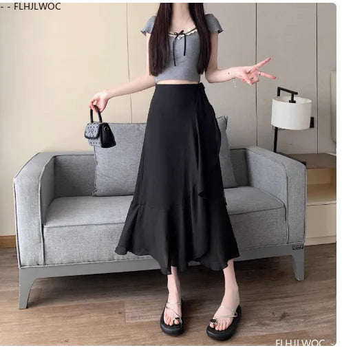 Wrap Up Chic Korea Clothes Women Cute Girls Floral Robe Holiday Beach Date High Waist Retro Vintage One-Piece Lace-Up Skirts