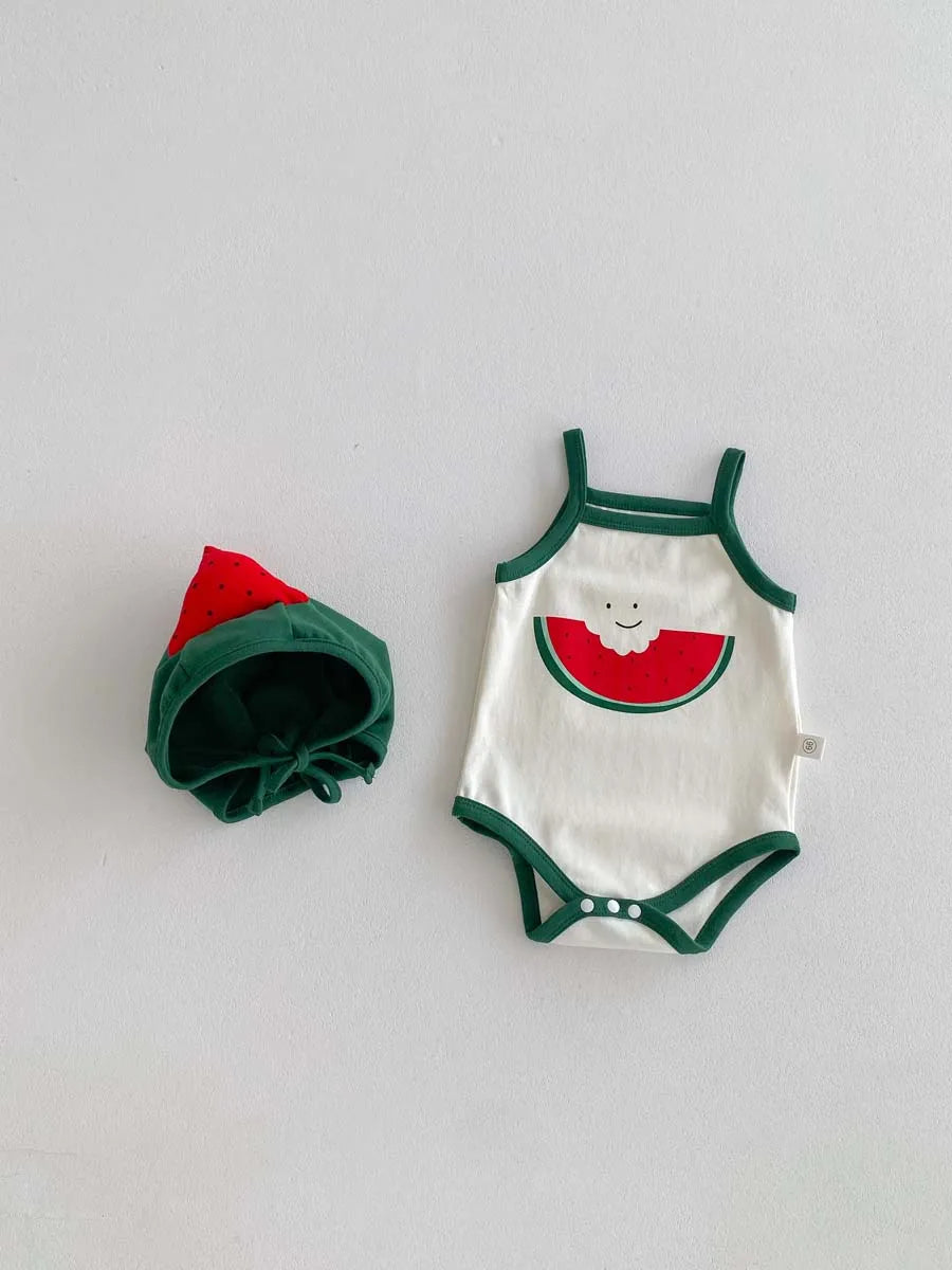 Summer baby cute watermelon style jumpsuit, male and female baby sling thin comfortable jumpsuit hat, suitable for going out