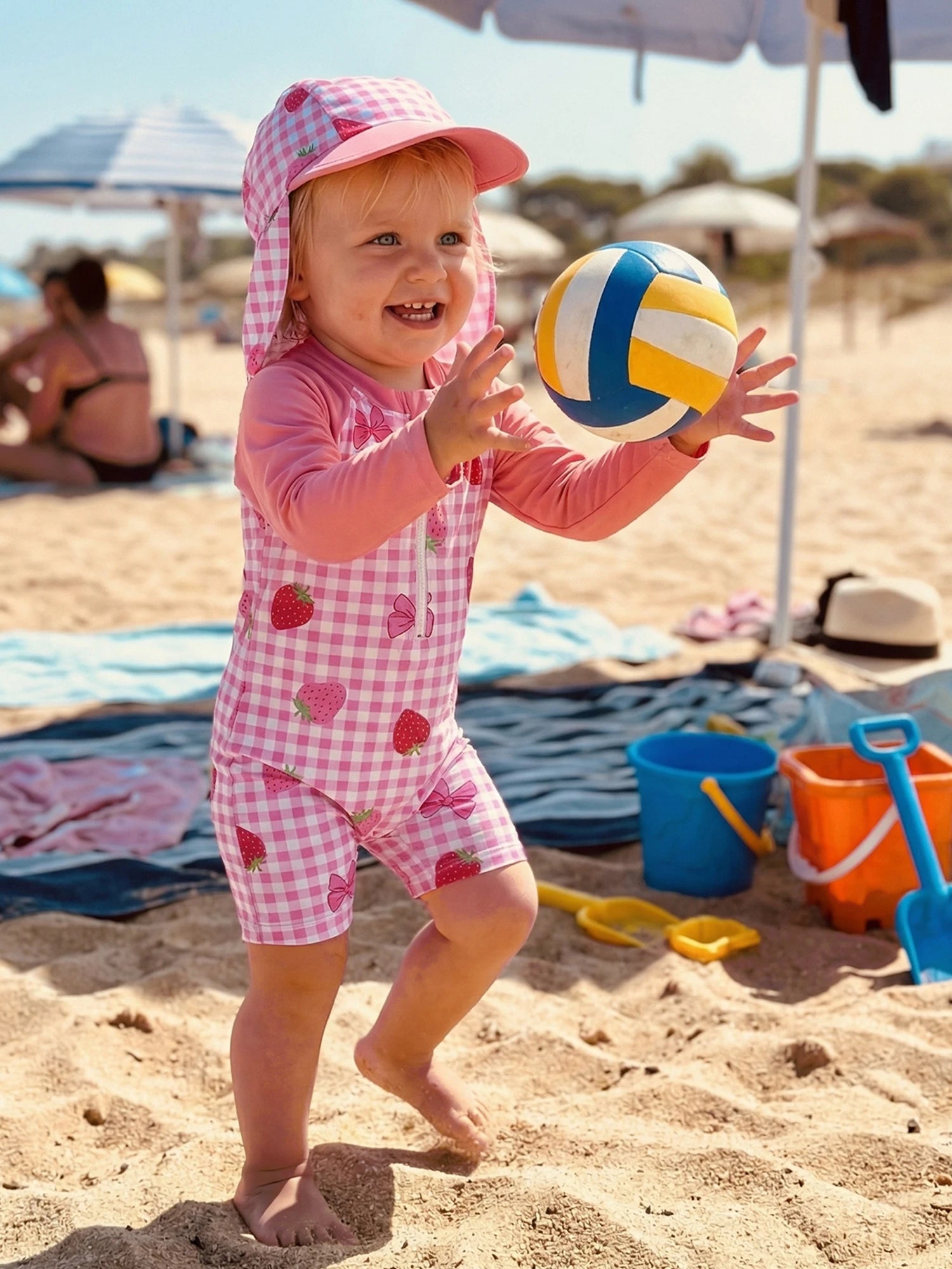 3M-3T Toddler Girl Rash Guard Swimsuit Strawberry/Bow/Cherry Print Long Sleeves Front Zipper Bathing Suit with Hat