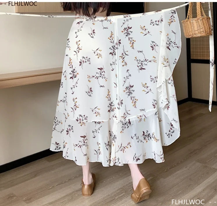 Wrap Up Chic Korea Clothes Women Cute Girls Floral Robe Holiday Beach Date High Waist Retro Vintage One-Piece Lace-Up Skirts
