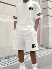 Hot selling summer new men's set with letter print casual fashion T-shirt short sleeved shorts sports outdoor set