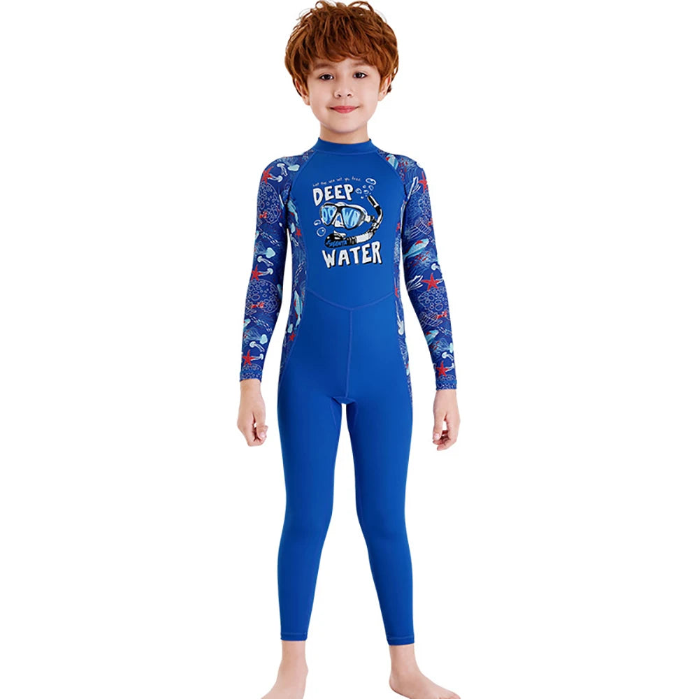 Girl Boy Swimwear Zipper One Piece Suit Kids Sunscreen Quick Drying Long Swimsuit Beachwear Bathing Suit(Including Swimming Cap)