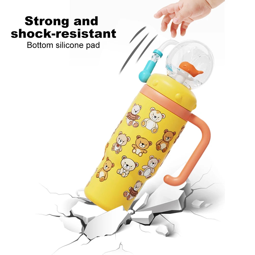 710ML Stainless Steel Whale Fountain Tumbler with Handle Leak Proof Whale Squirt Drinking Cup Water Bottle with Straw Creative G