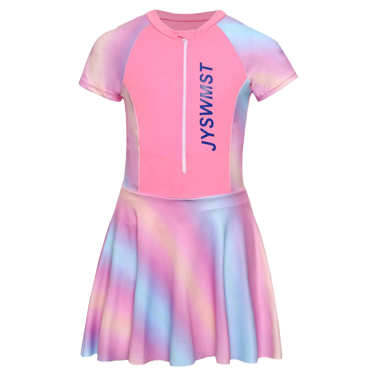 Fashion Girls One Piece Swim Dress Short Sleeve Color Block Swimsuit with Chest Pads Front Zipper And Safety Shorts Beachwear