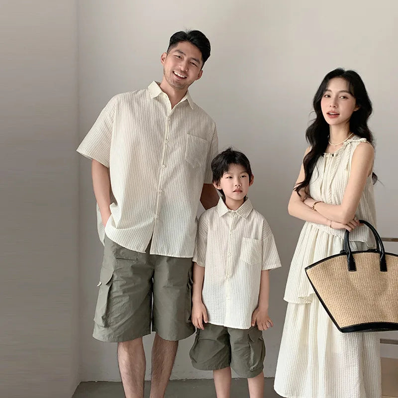 French Style Parent-child Matching Outfits Holiday Family Look Striped Button Shirt Ruffles Dress Cotton Soft Clothing Set Beach